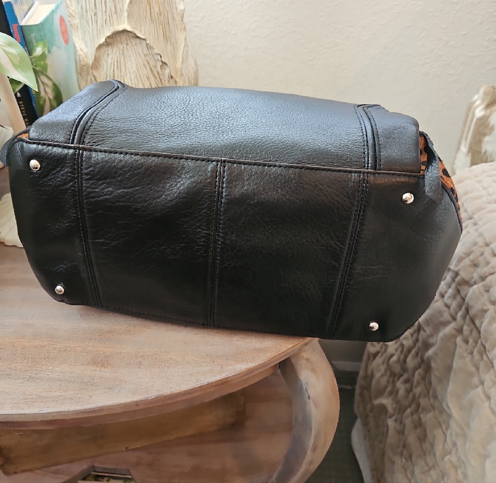 Aimee Kestenberg Black Leather Tote with Calf Hair Leopard Sides - Picture 3 of 8